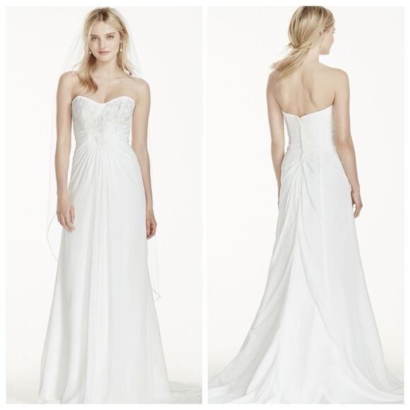 David’s Bridal Wedding Dress Womens Sz 8 strapless crinkle lace chiffon Princess - Picture 1 of 13